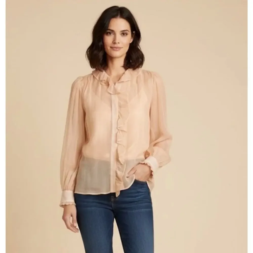 J. Crew | Women | Tan Ruffle Sheer Crinkle Chiffon Button Up Blouse | Sz 2